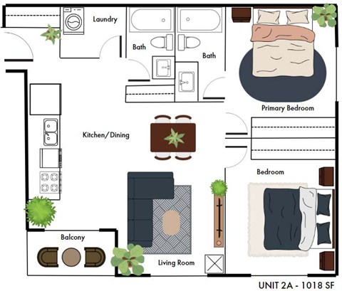 Floor plan for 2 beds, 1 bath, 1018 sqft